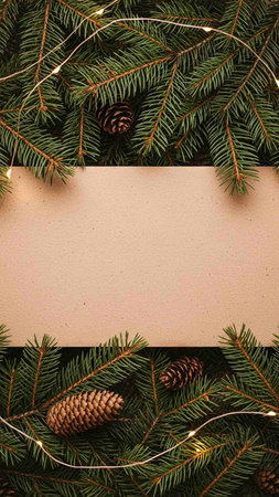 Christmas greeting card with fir branches, pine cones and garland. Space for your greetings