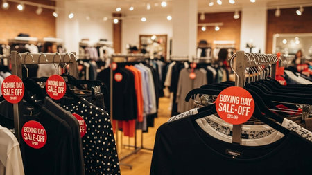 Clothing store with clothes on hangers in shopping mall. Black Friday sale concept.