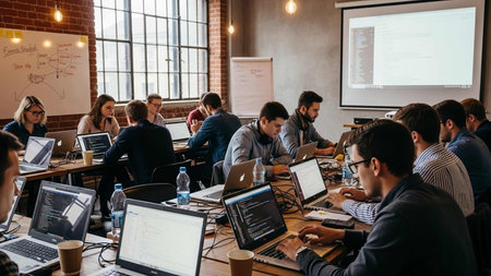 Group of young business people working and communicating together in the office.の写真素材