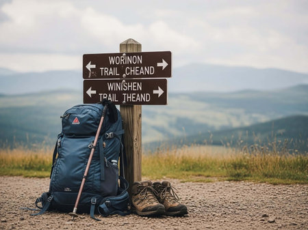Hiking in the mountains with a backpack and a signpost.