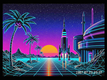 Retro Sci fi Landscape with palm trees. Vector illustration.