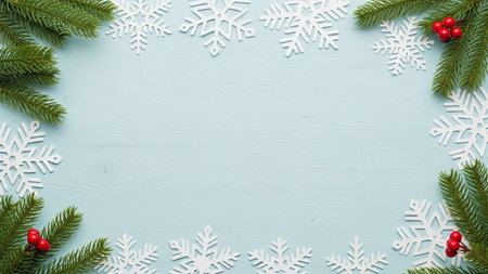 Christmas background with fir tree branches and snowflakes on turquoise wooden background
