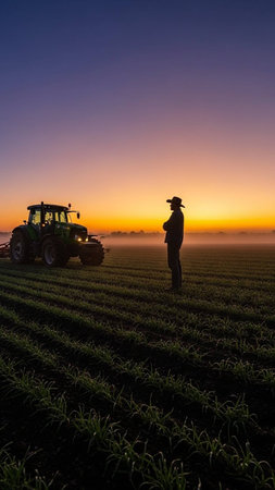 Tractor spraying pesticides on soybean field with sprayer at sunset