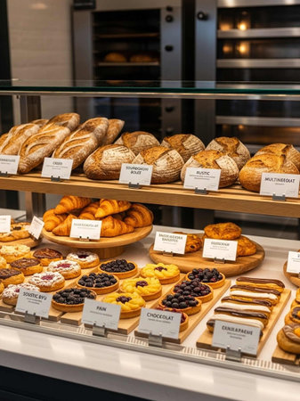 Assortment of pastries on display in a bakery shop. Bakery concept.
