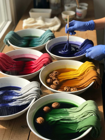 Close-up of female hands in blue gloves holding paintbrushes and mixing colors in bowls.