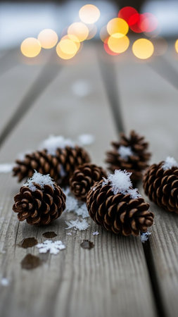 Pine cones with snow and bokeh lights on wooden background