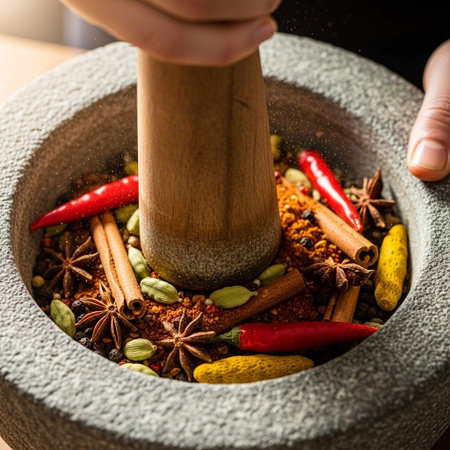 spices in mortar and pestle on black background, closeup