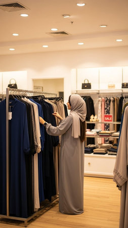 Young woman in hijab choosing clothes in a clothing store. Shopping concept