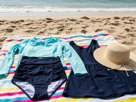 Womens beach clothes and hat on the sand by the seaの写真素材