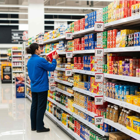 Unidentified woman chooses canned food in supermarket
