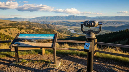 Tourist binoculars on the top of a mountain with a view of the valley