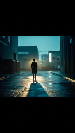 Silhouette of a businessman standing in the street at night.の写真素材