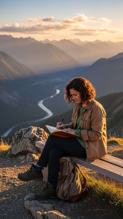 Young woman sitting on a bench in the mountains and writing in a notebook
