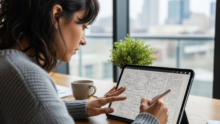 Young Asian woman working on tablet computer at home office. Work from home concept.