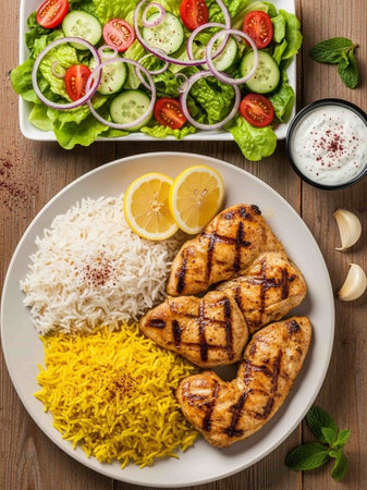 Grilled chicken breast with rice and vegetables on wooden background. Top viewの写真素材