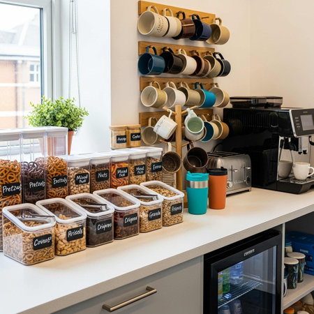 Coffee shop counter with coffee beans, cup of coffee and other coffee products
