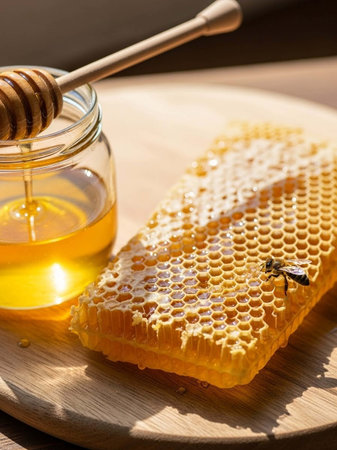 Honeycombs and honey dipper on a wooden table.