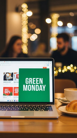 Laptop with Green Monday website on screen. Blurred background.