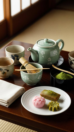 Japanese tea set with matcha green tea and mochi cake
