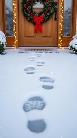 Footprints in the snow with a Christmas wreath on the door