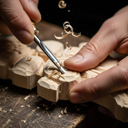 Carpenter working on wood craft in his workshop, closeup
