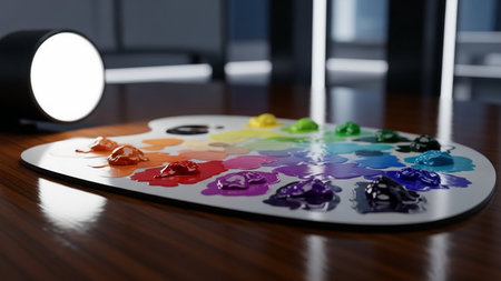 3d rendering of a palette with paints on a table in the office