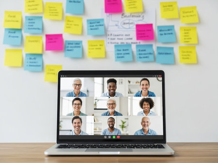 Front view of a laptop with diverse businesspeople having a video conference