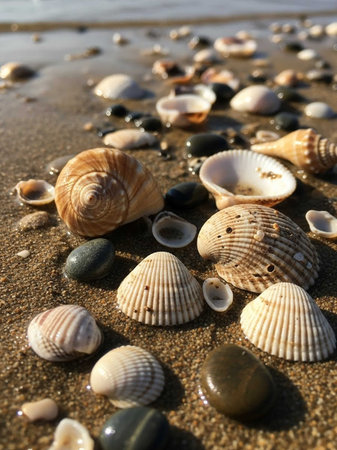 Seashells on the beach. Selective focus with shallow depth of field.