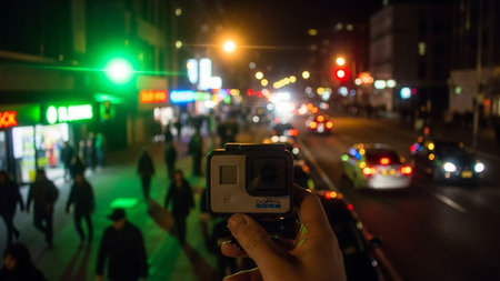 Camera in hand on the background of the night city street with cars