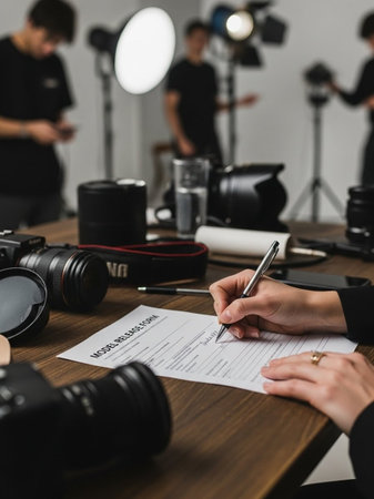 cropped shot of photographer writing in notebook near camera on table in photo studioの写真素材