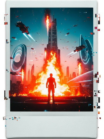 A 3D Illustration of a futuristic battle scene with a man standing in front of an explosion.の写真素材