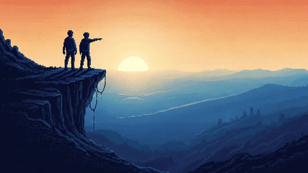 Two climbers on the top of a mountain and looking at the sunset