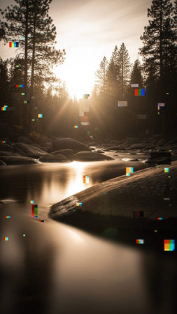 Mountain river at sunset. Colorful reflection in the water.の写真素材