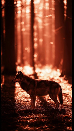 Red wolf in the forest at night. Wildlife scene from nature.