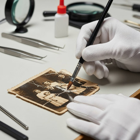 Close-up of artist's hands in white gloves working with toolsの写真素材
