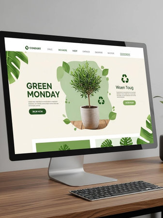 3D render of desktop with green energy website on screen.