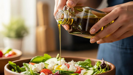 Close up of woman pouring olive oil into fresh vegetable salad at home