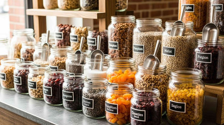 Dried fruits and vegetables in glass jars on the counter in the store