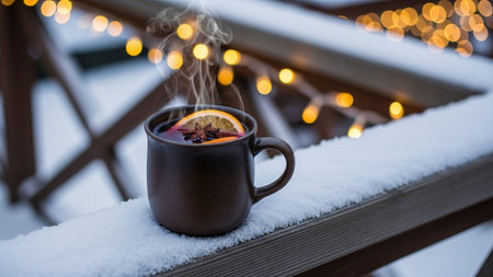 Hot mulled wine with spices on a winter terrace. Christmas hot drink.の写真素材