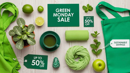 Flat lay composition with green reusable shopping bags, fruits, vegetables and accessories on wooden...
