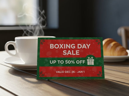 Boxing day sale sign with coffee cup and croissant on table