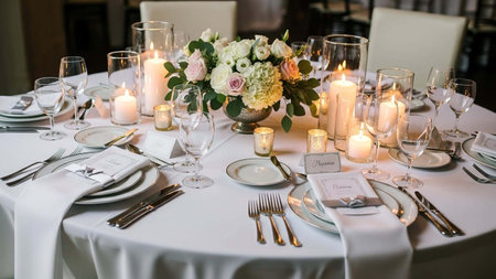 Wedding table setting with plates, glasses and cutlery
