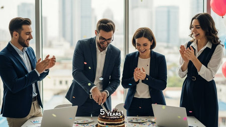 Happy business people celebrating birthday together with cake and confetti in officeの写真素材