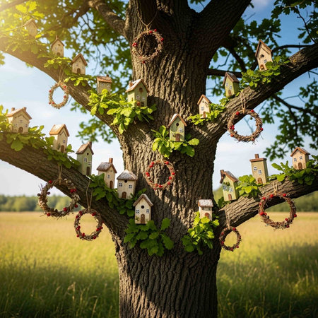 Beautiful wooden bird houses on a tree in a summer meadow