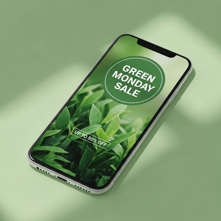 Smartphone screen mockup with green plant pattern on green background.