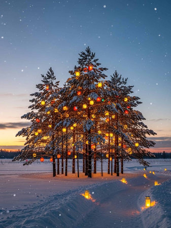 Trees in the snow at sunset. Beautiful winter landscape with trees.の写真素材