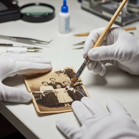 Close-up of a female artist painting a picture on the tableの写真素材
