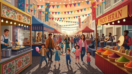 Cartoon scene with people buying food at street food market - illustration for childrenの写真素材