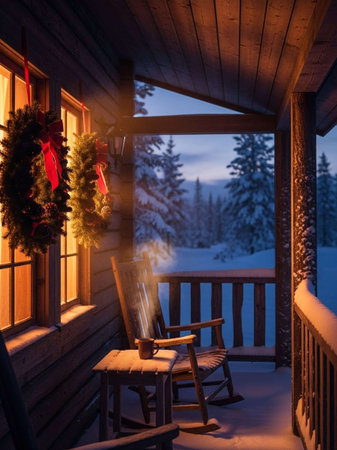 Wooden porch with Christmas wreath on the background of snow-capped mountains