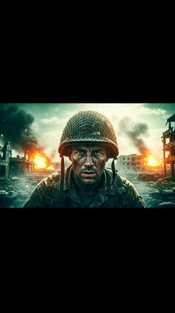 War Concept. Military silhouettes fighting scene on war fog sky background, World War Soldiers Silhouettes Below Cloudy Skyline At night. Attack scene. Armored vehicles. Tank battle. Decorationの写真素材